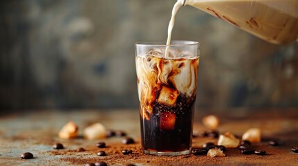 Cream pouring into iced coffee in glass.