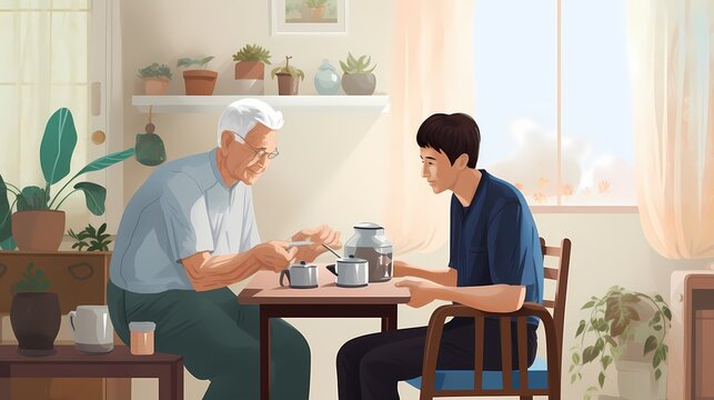 Compassionate geriatrician conducting a home visit, ensuring personalized care for elderly patients in familiar surroundings