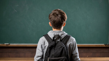 back view boy student with a blackboard background