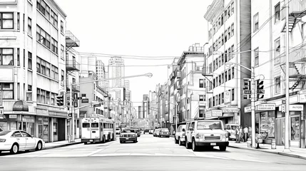 Photo sur Plexiglas Chambre denfants Contemporary black and white line drawing of an urban street scene, capturing the essence of modern city life with clean architectural lines