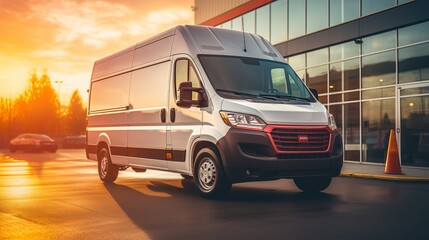 Silhouette concept  white cargo van waiting at logistic center, delivery minivan prepped for route.