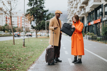 Elegant multiracial business couple with bags walking together on a city street, conversing after a...