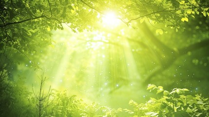 Enchanting silent forest in spring with beautiful bright sun rays as magical forest background