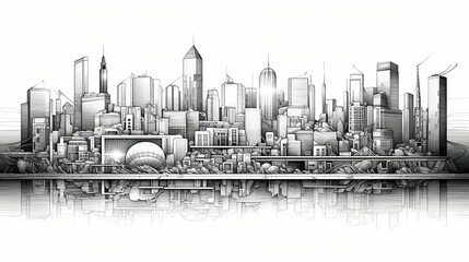 Contemporary black and white line drawing of a city skyline, emphasizing architectural details and the modern urban landscape