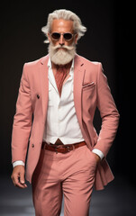 Senior male model in a pink suit walks confidently on the catwalk.