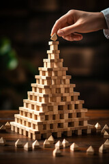 Hand carefully placing a wooden block on top of a meticulously built block pyramid.