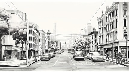 Fototapeta na wymiar Contemporary black and white line drawing of an urban street scene, capturing the essence of modern city life with clean architectural lines