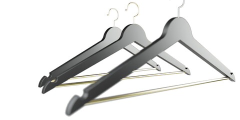 Three black hangers with golden rod for clothes isolated on transparent background. Hanger concept with depth of field 