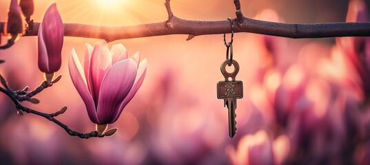 Key hanging from blooming tree branch in spring garden with blurred private home in background