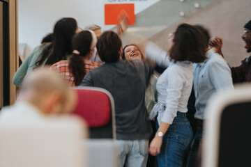 Joyful colleagues celebrating success together in office environment.