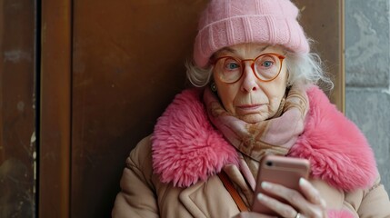Fototapeta premium Happy mature woman using smartphone with copy space, older female customer holding mobile phone