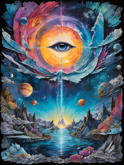 A detailed painting featuring an eye at the center, engulfed by a vibrant array of planets floating in space.