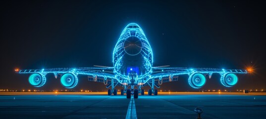 Interactive holographic airplane icon with a glowing and shimmering effect on air