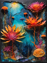 Fototapeta na wymiar A painting depicting vibrant flowers and intricately woven seaweed against a blue background.