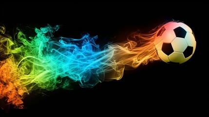 Fototapeta premium Dynamic soccer ball bursting with vibrant colorful smoke against a black backdrop