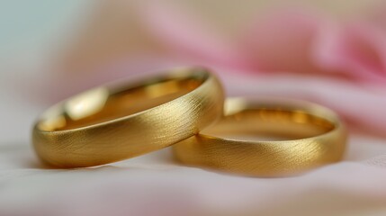 Exquisite gold wedding rings on soft pink bokeh background with generous text space