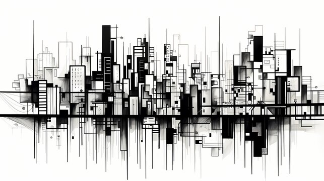 Contemporary black and white line drawing of an abstract cityscape, capturing the essence of urban life with simplified and clean lines