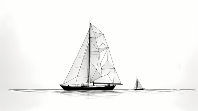 Contemporary black and white line drawing of a sailboat, emphasizing the simplicity and elegance of nautical design