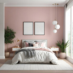 Cozy modern pink bedroom. Wall mock up