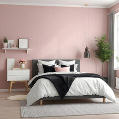Cozy modern pink bedroom. Wall mock up