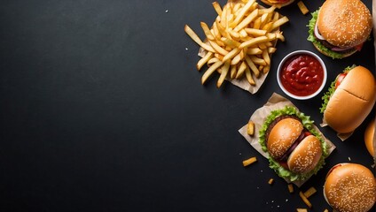 Obraz na płótnie Canvas Top view potato burger and sauce on empty black background, advertising space, copy space