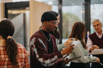 Focused African American man in casual attire at a professional workshop.