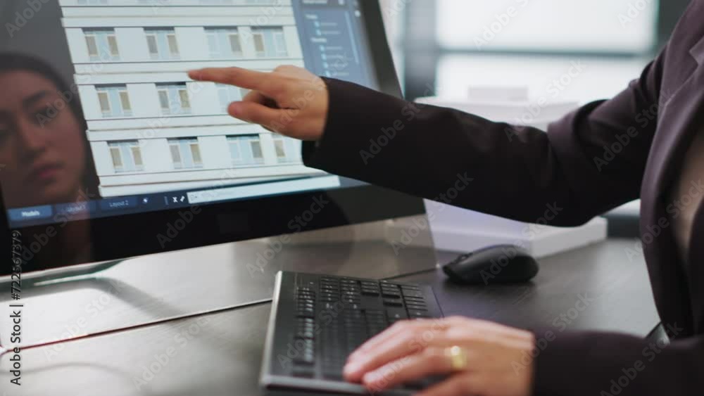 Poster skilled designer using 3d modeling tools to develop designs for buildings, create architectural plan