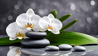 Fototapeta na wymiar Natural alternative therapy. Spa treatment kit with massage stones and orchids on gray background