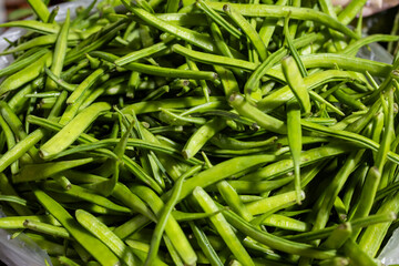 guar or cluster bean at vegetable store for sale at evening