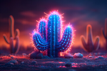 A neon illustration of a blue purple cactus.  Created with generative AI. - obrazy, fototapety, plakaty