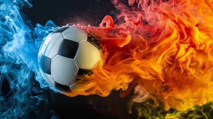 Vibrant soccer ball with colorful smoke trail emerging on isolated black background - obrazy, fototapety, plakaty