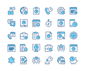 Time management icons set. Vector line icons. Blue color outline stroke symbols. Modern concepts