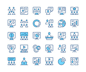 Presentation icons set. Vector line icons. Blue color outline stroke symbols. Modern concepts