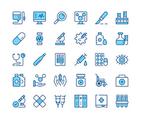Medical tools icons set. Vector line icons. Blue color outline stroke symbols. Modern concepts