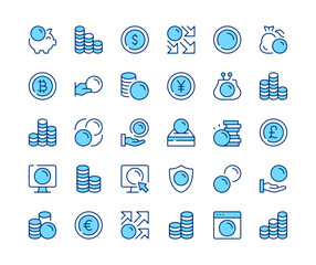 Lot of coins icons set. Vector line icons. Blue color outline stroke symbols. Modern concepts