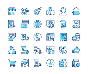 Fast food delivery icons set. Vector line icons. Blue color outline stroke symbols. Modern concepts