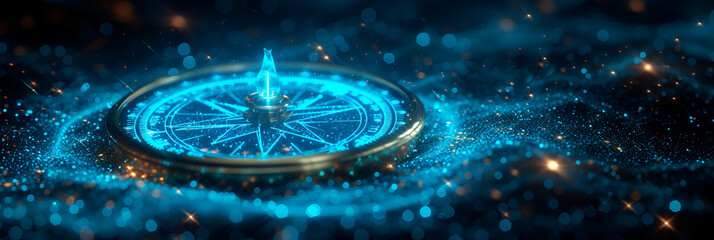A neon illustration of a blue teal compass. Created with generative AI. - obrazy, fototapety, plakaty
