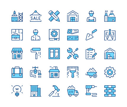Construction icons set. Vector line icons. Blue color outline stroke symbols. Modern concepts