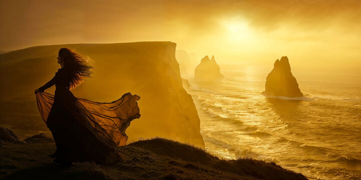 Woman in dress standing on cliffs by the ocean seashore in the early morning golden dawn light, copyspace, Celtic, Ireland