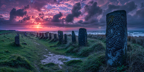 Ancient standing stone menhirs at dawn, Ireland landscape, Celtic, wide banner, background - obrazy, fototapety, plakaty
