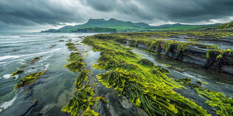Seaweed dulaman on the shore coastline of Ireland, landscape, wide banner, background
