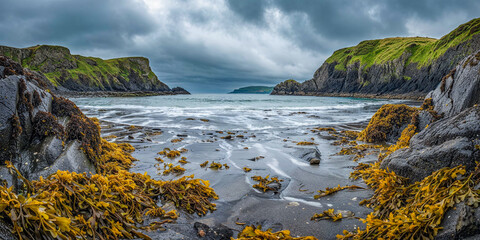 Cove beach seashore on overcast day, yellow seaweed, Ireland landscape, wide banner