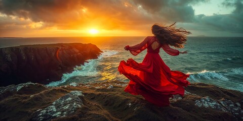 Woman in red dress standing on cliffs by the rocky ocean seashore in the early morning dawn,...