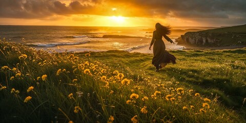 Woman walking in wildflowers by the rocky ocean seashore in the early morning dawn, Ireland...