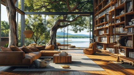 library book on house with nature view landscape, enjoy for reading book place
