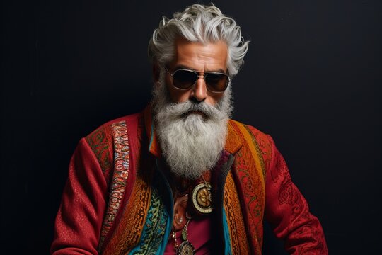 Portrait of a handsome senior man with long white beard and mustache wearing traditional indian clothes.