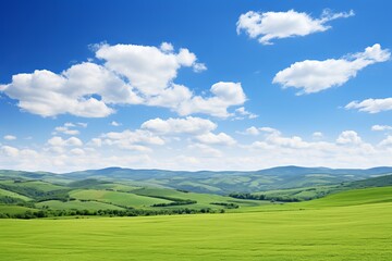 Breathtaking landscape  vast green fields, blue skies adorned with fluffy clouds.