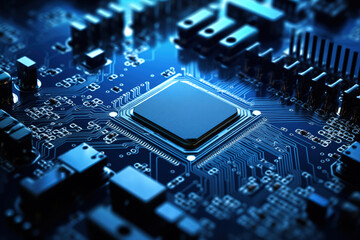 Fototapeta na wymiar Close-up of a blue circuit board with a central microchip processor