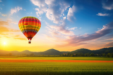 Fototapeta premium Colorful hot air balloon over blooming field meadow at sunset