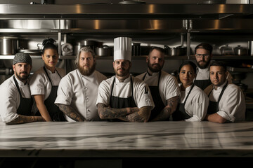 Dedicated Culinary Team of Chefs in a Professional Restaurant Kitchen - obrazy, fototapety, plakaty